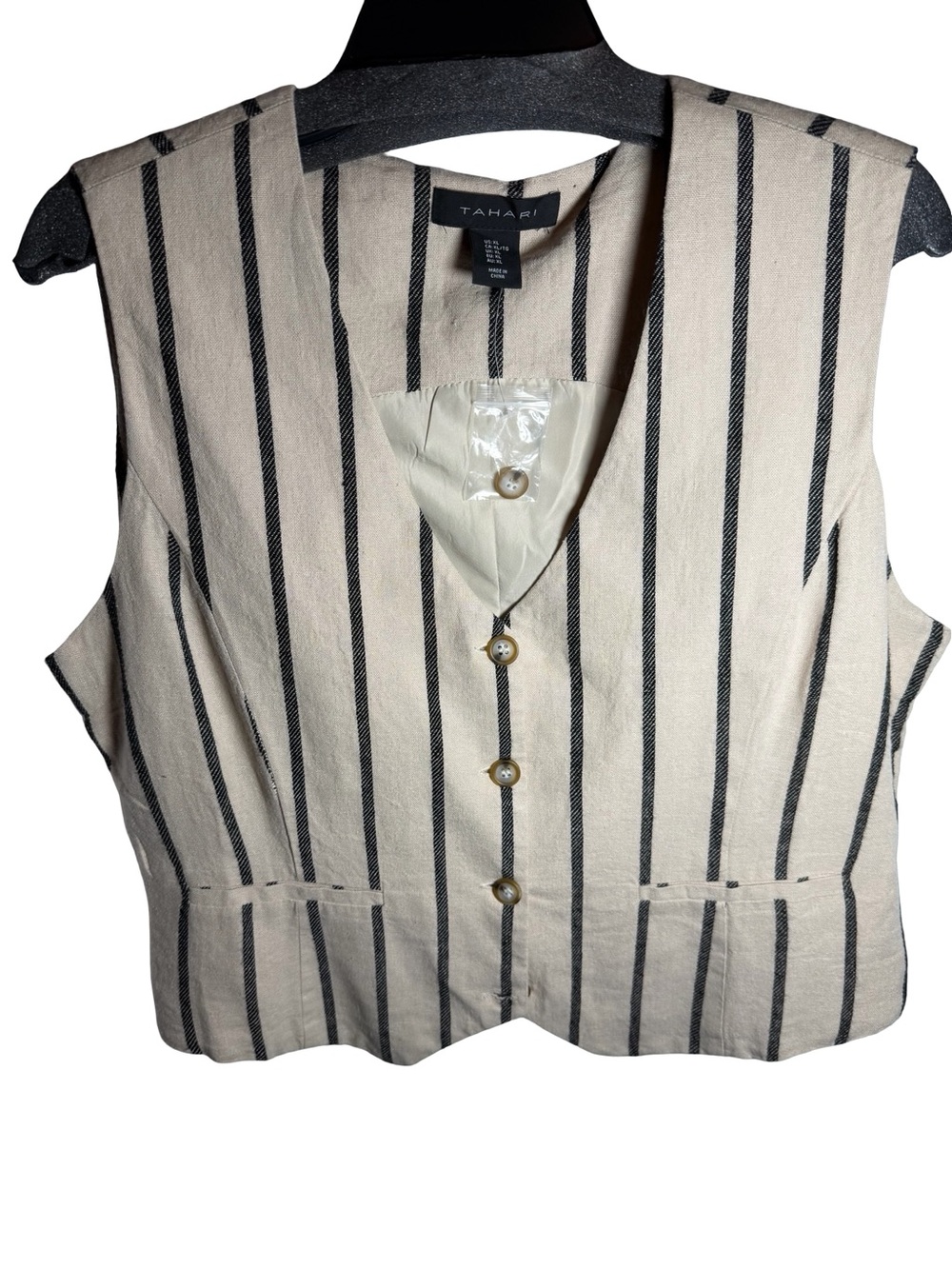 NWT Tahari Cream and Black Striped Linen-Blend Vest